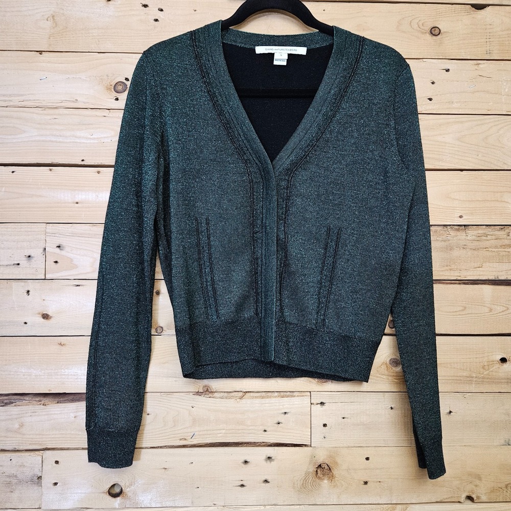 Diane Von Furstenberg Cardigan Sweater Small Women's Adelyn Metallic Green